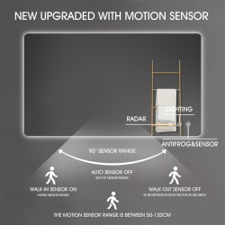900x750mm Rectangle LED Mirror with Motion Sensor Demister Backlit Touch Switch 3 Colours Lighting Frameless
